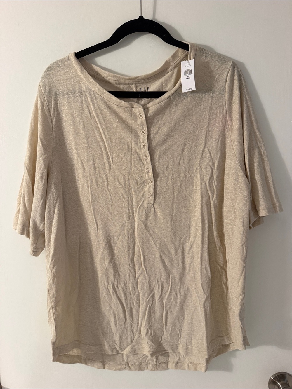 GAP sustainable linen Cream Short-Sleeve Henley Top with gold shimmer XL TALL